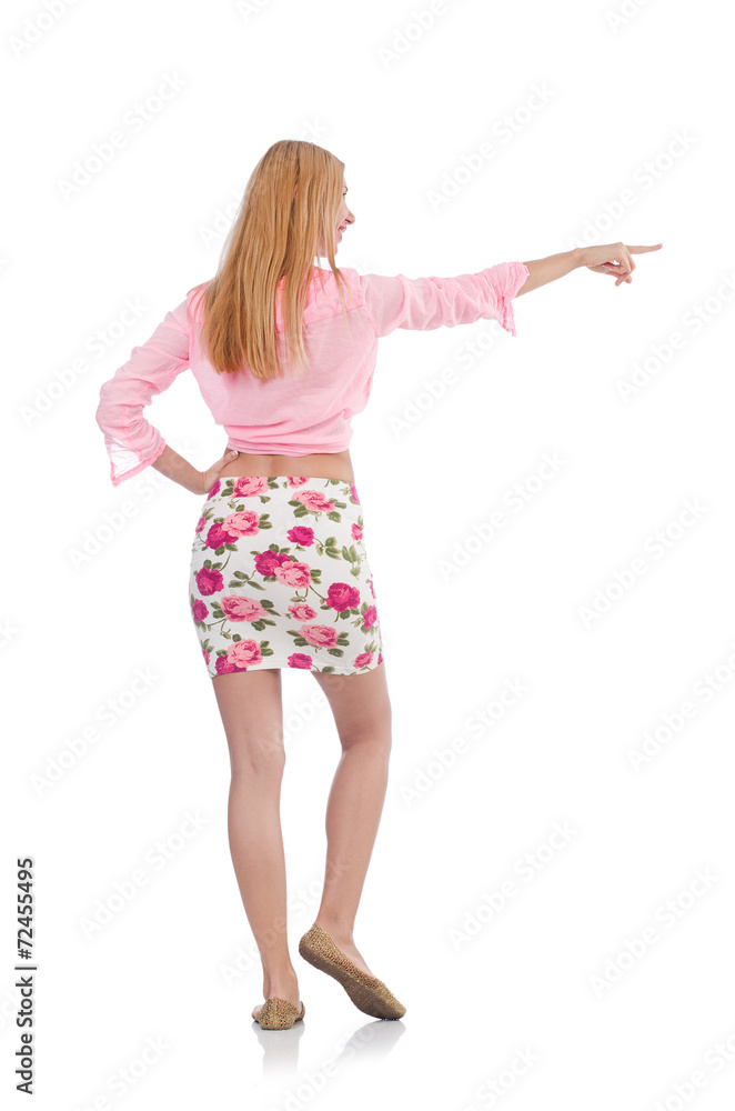 Woman pressing virtual button isolated on white Woman pressing virtual button isolated on white