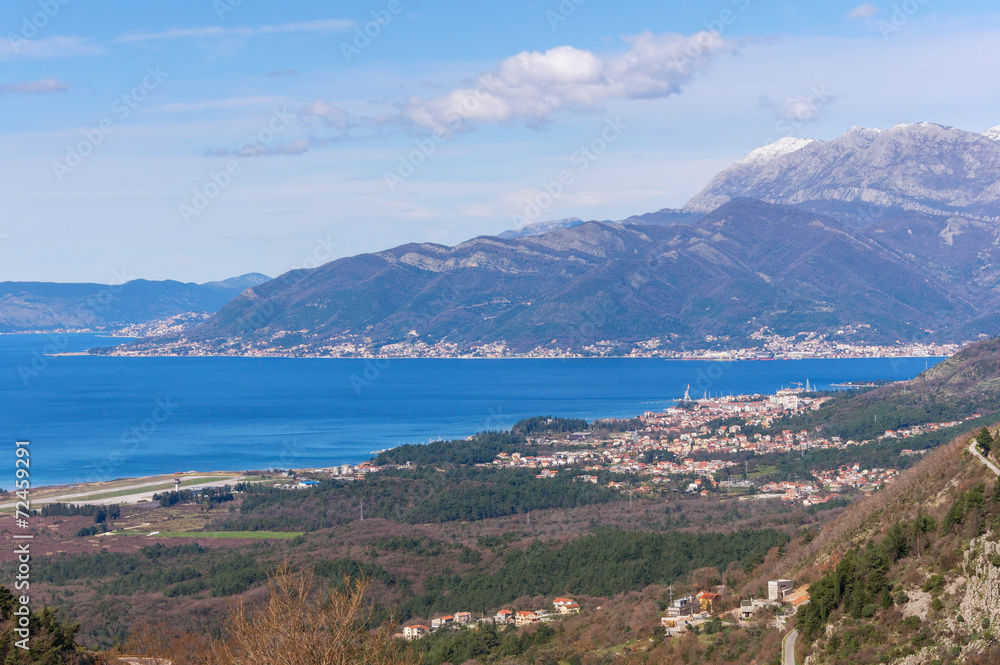 View of Bay of Kotor and Tivat city. Winter in Montenegro