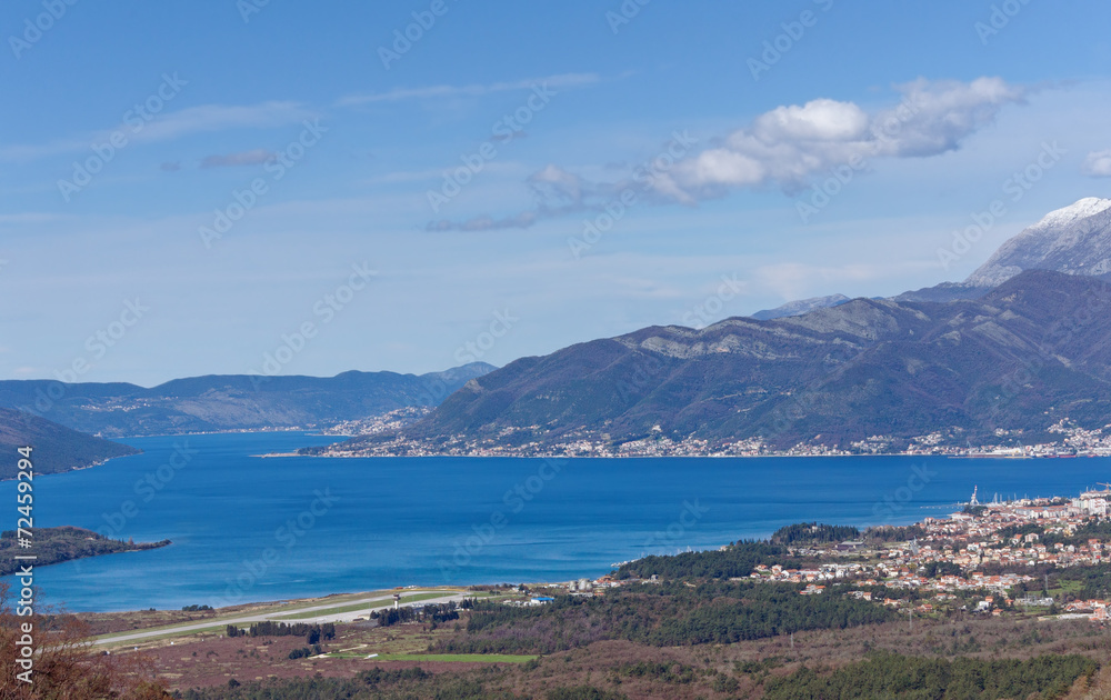 Bird's eye view of Bay of Kotor and Tivat city. Montenegro