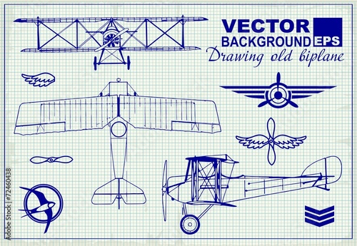 Vintage airplanes drawing on graph paper and design elements