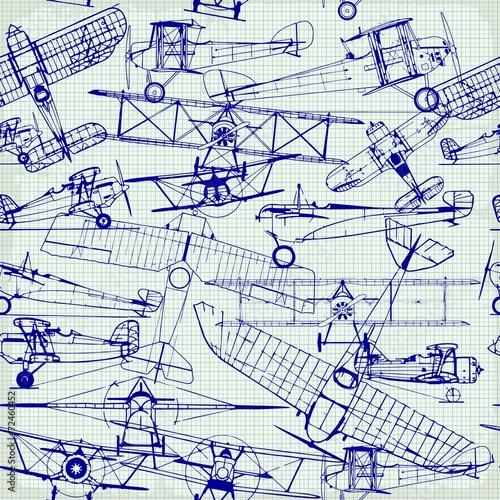 Retro seamless  pattern , old airplanes drawing