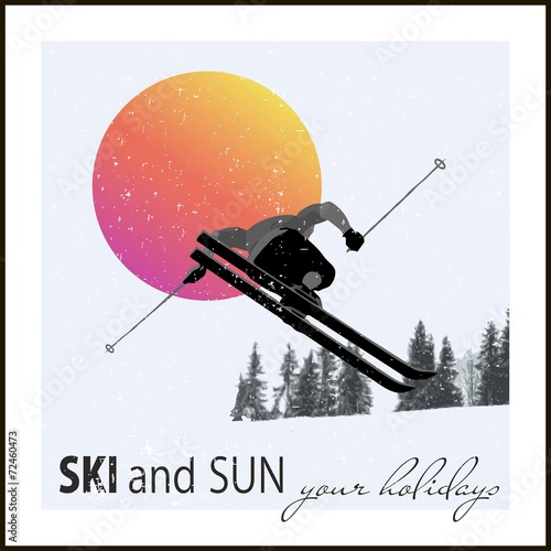 Modern poster. Skier flying against the evening sun