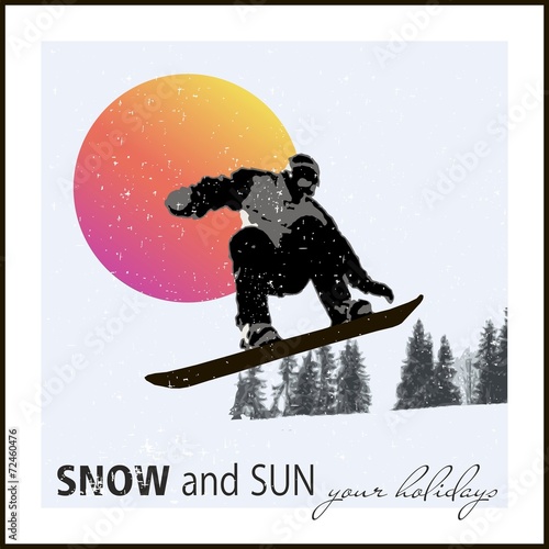 Modern poster. snowboarder flying against the evening sun