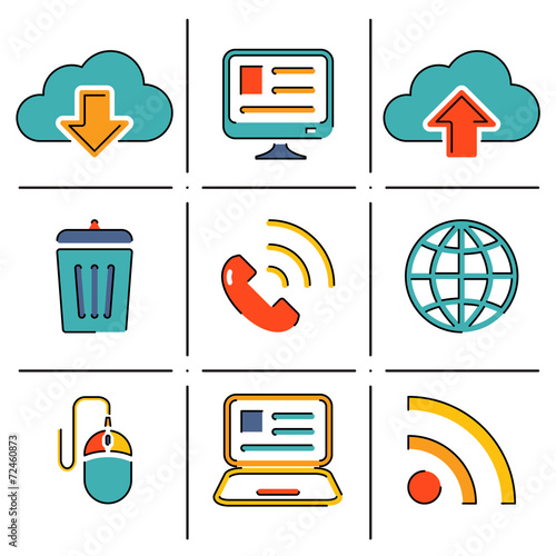 Internet network communication mobile devices line icons