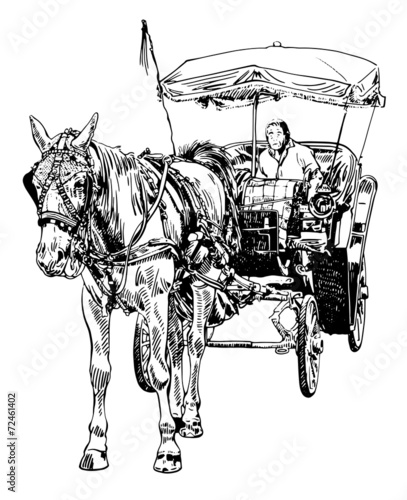black and white sketch drawing of horse driver