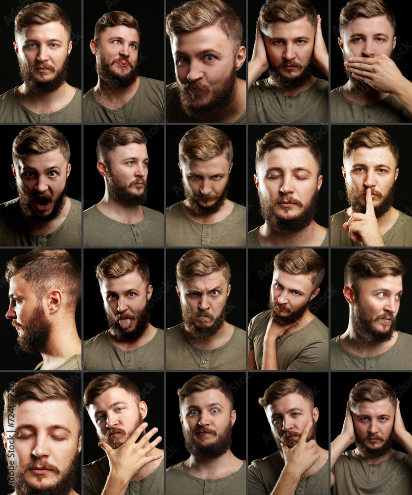 Emotion concept. Handsome man with beard collage