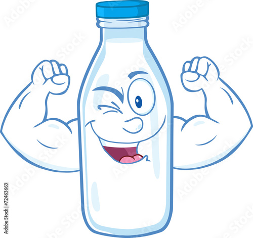 Winking Milk Bottle Character Showing Muscle Arms