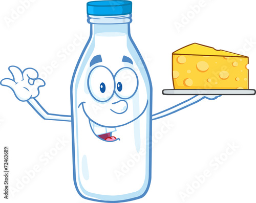 Funny Milk Bottle Character Holding Up A Wedge Of Yellow Cheese