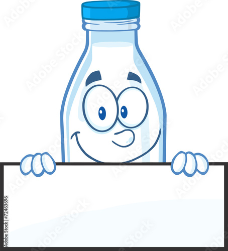 Smiling Milk Bottle Character Over A Blank Sign