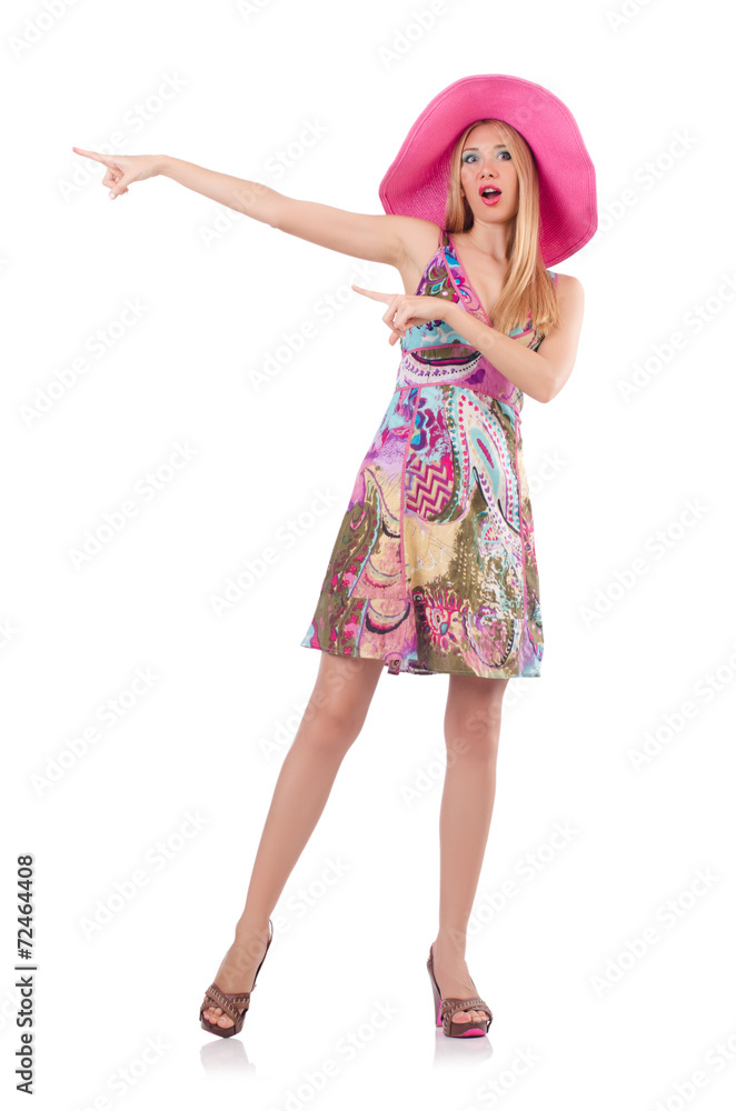 Woman pressing virtual button isolated on white Woman pressing virtual button isolated on white