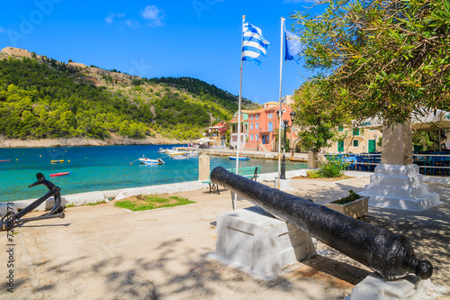 Cannon and anchor on coast of Kefalonia island in Assos village