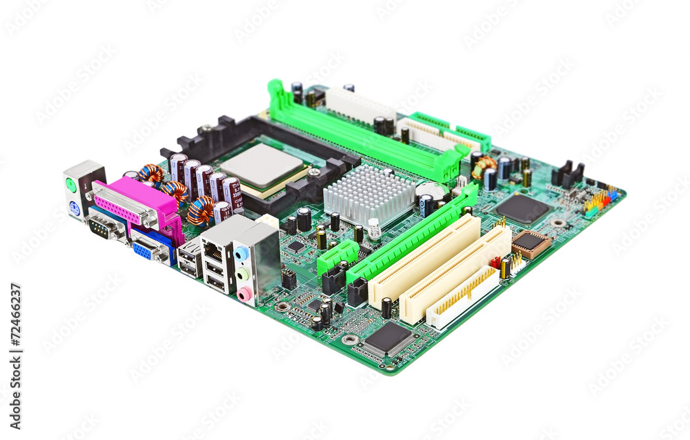 Printed computer motherboard, isolated on white background Printed computer motherboard, isolated on white background