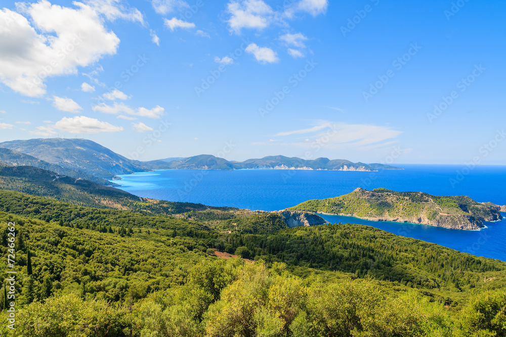 Blue sea and mountains on coast of Kefalonia island near Assos