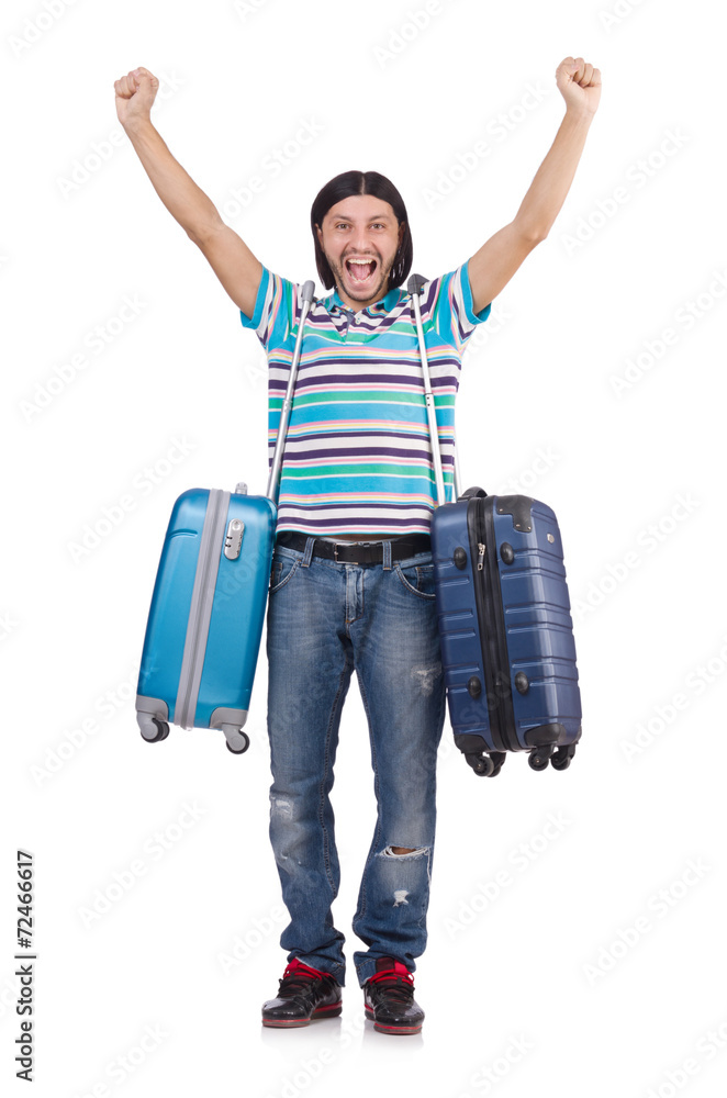 Young man travelling with suitcases isolated on white Young man travelling with suitcases isolated on white