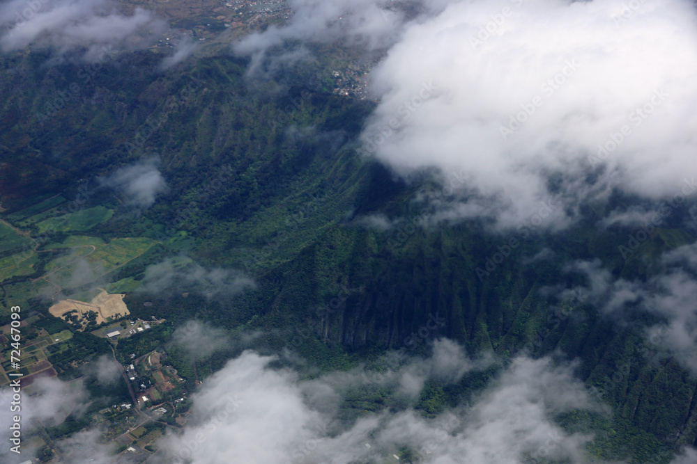 Aerial view of clouds over Waimanalo Farm lands, koolau mountain