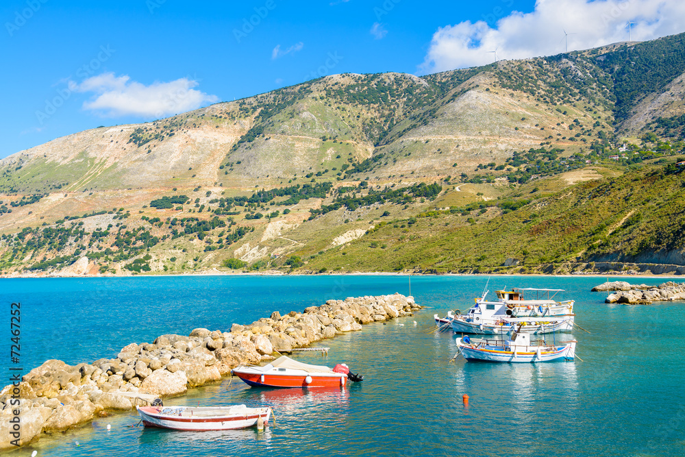 Obraz premium Greek fishing boats in port of Zola village, Kefalonia island