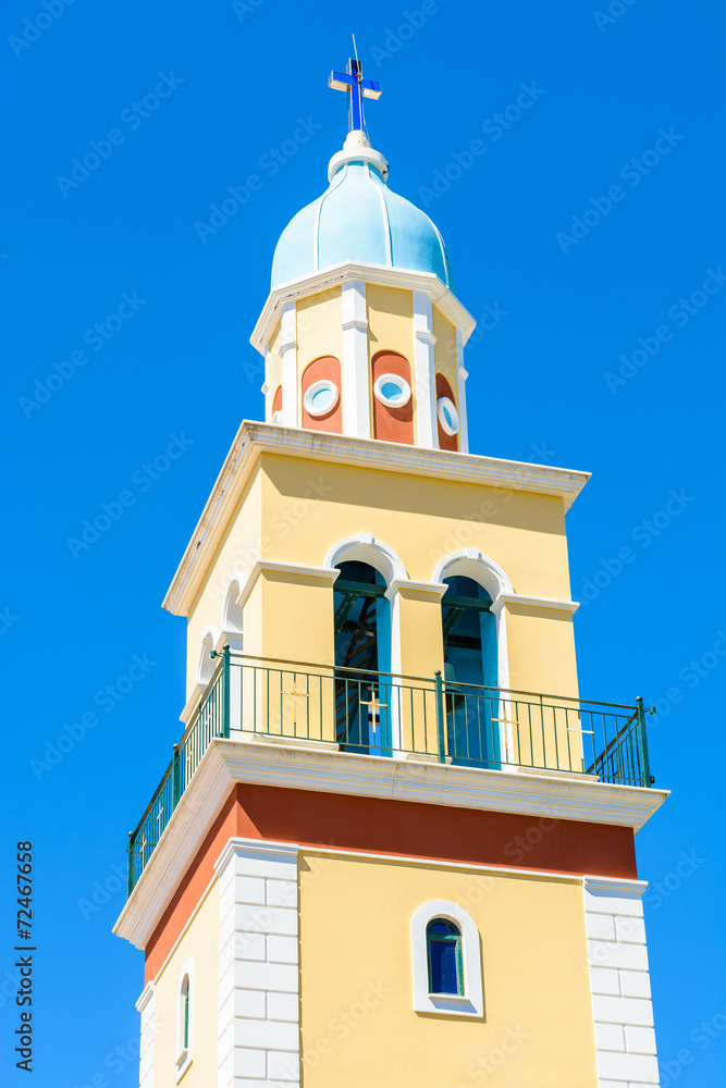 Church tower against blue sky on Kefalonia island, Greece