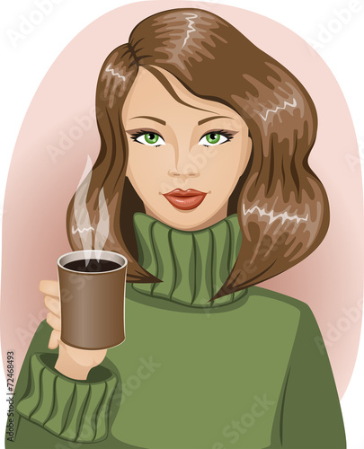 Girl in warm green sweater holding a cup of hot drink
