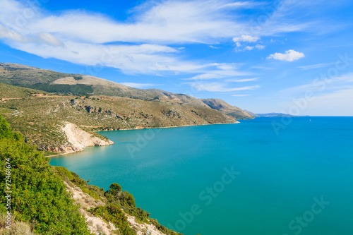 View of sea bay from coastal road on Kefalonia island, Greece