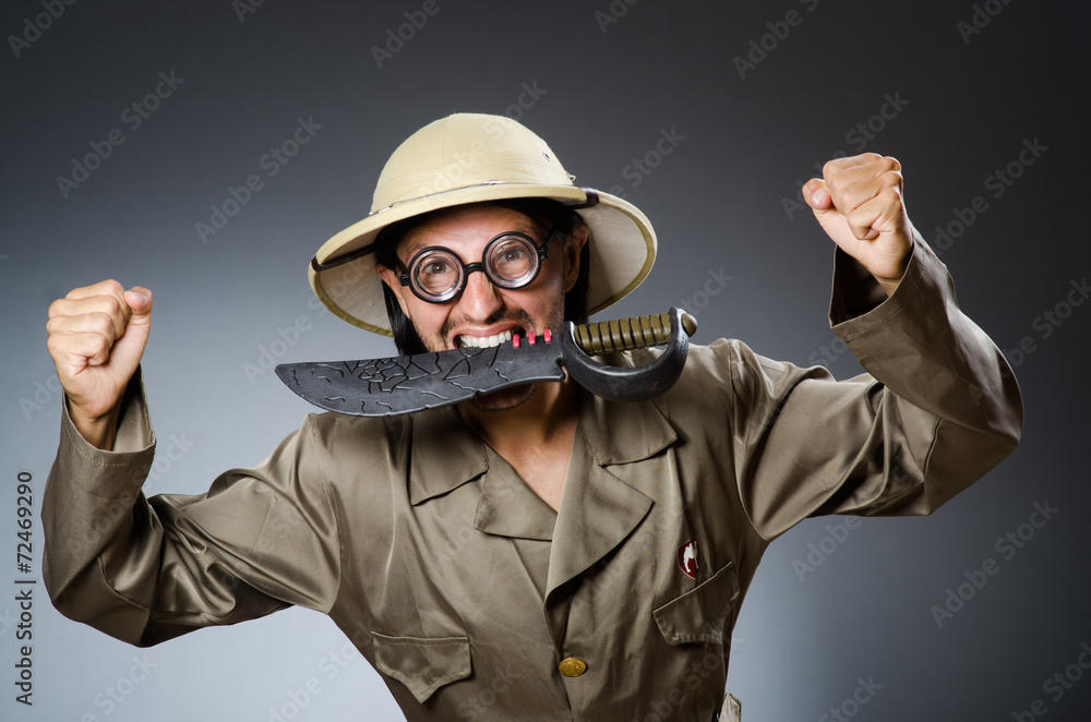 Funny safari hunter against background Funny safari hunter against background