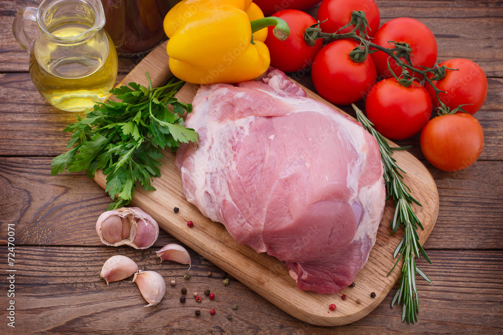 Food sliced pieces of raw Meat for barbecue with fresh Vegetable Food sliced pieces of raw Meat for barbecue with fresh Vegetable
