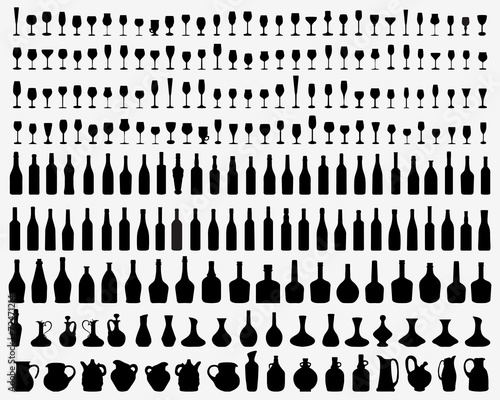 Black silhouettes of glasses and bottles of wine, vector photo
