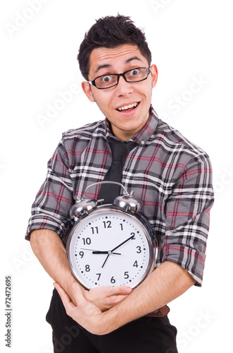 Man with clock trying to meet the deadline isolated on white