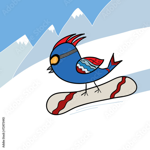 bird on snowboard
