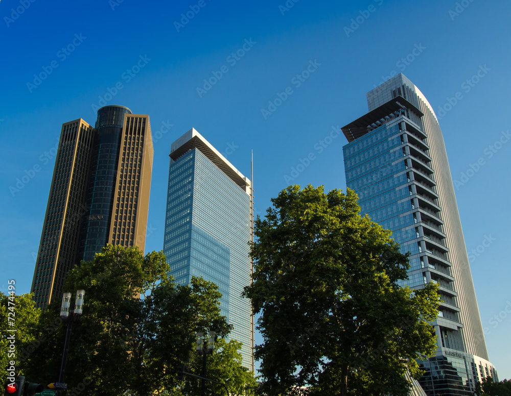 Skyline of dynamic business buildings in Frankfurt, Germany