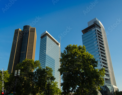 Skyline of dynamic business buildings in Frankfurt, Germany