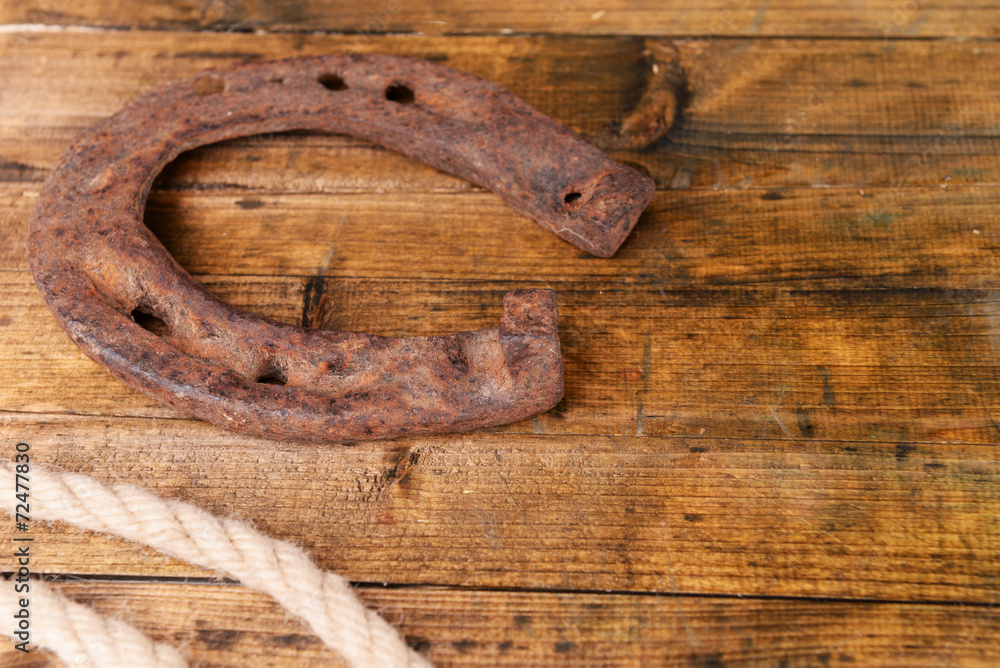 American West still life with old horseshoe and cowboy lasso American West still life with old horseshoe and cowboy lasso