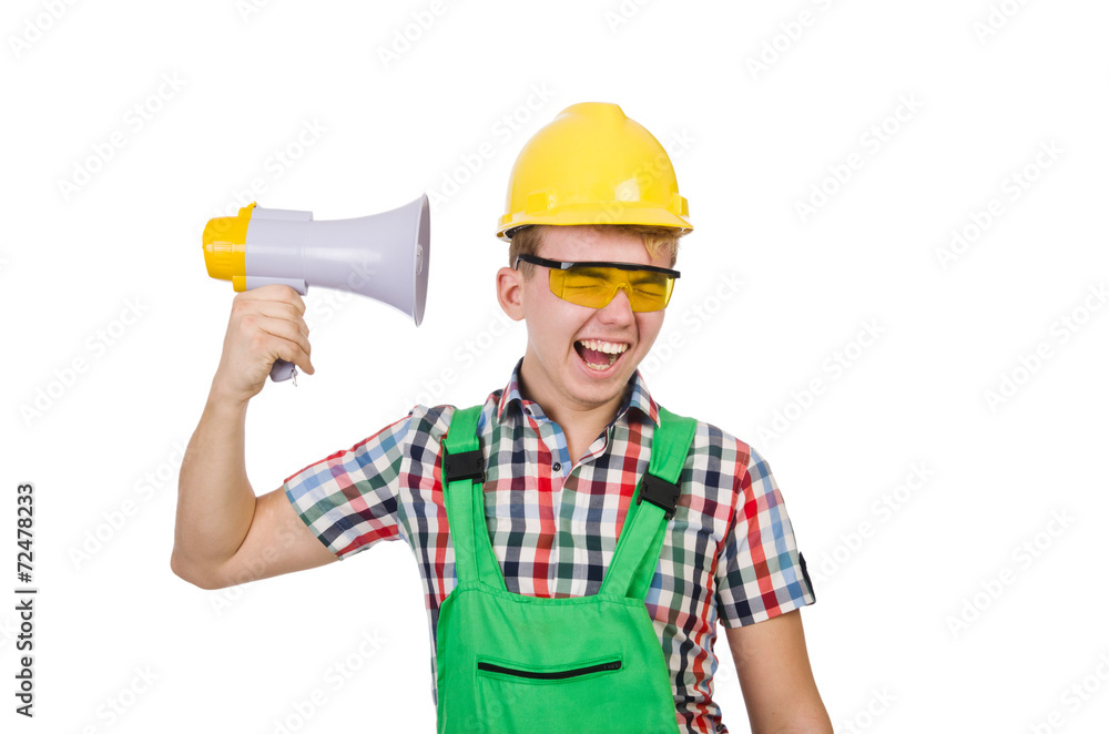 Funny construction worker with loudspeaker on white Funny construction worker with loudspeaker on white