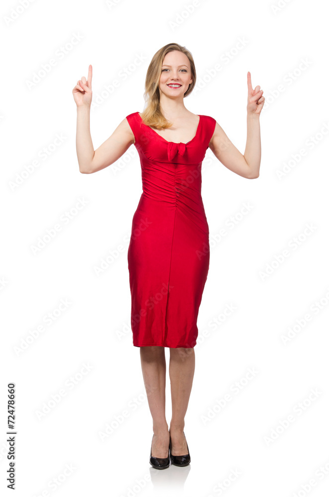 Woman pressing virtual button isolated on white Woman pressing virtual button isolated on white