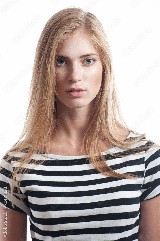 Woman in striped shirt isolated on white Woman in striped shirt isolated on white