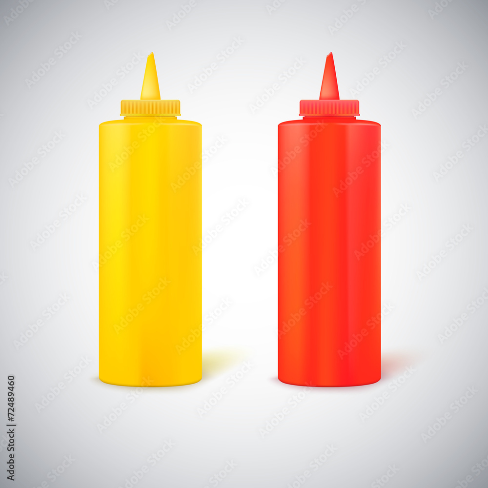 Close up bottles of mustard and ketchup Close up bottles of mustard and ketchup
