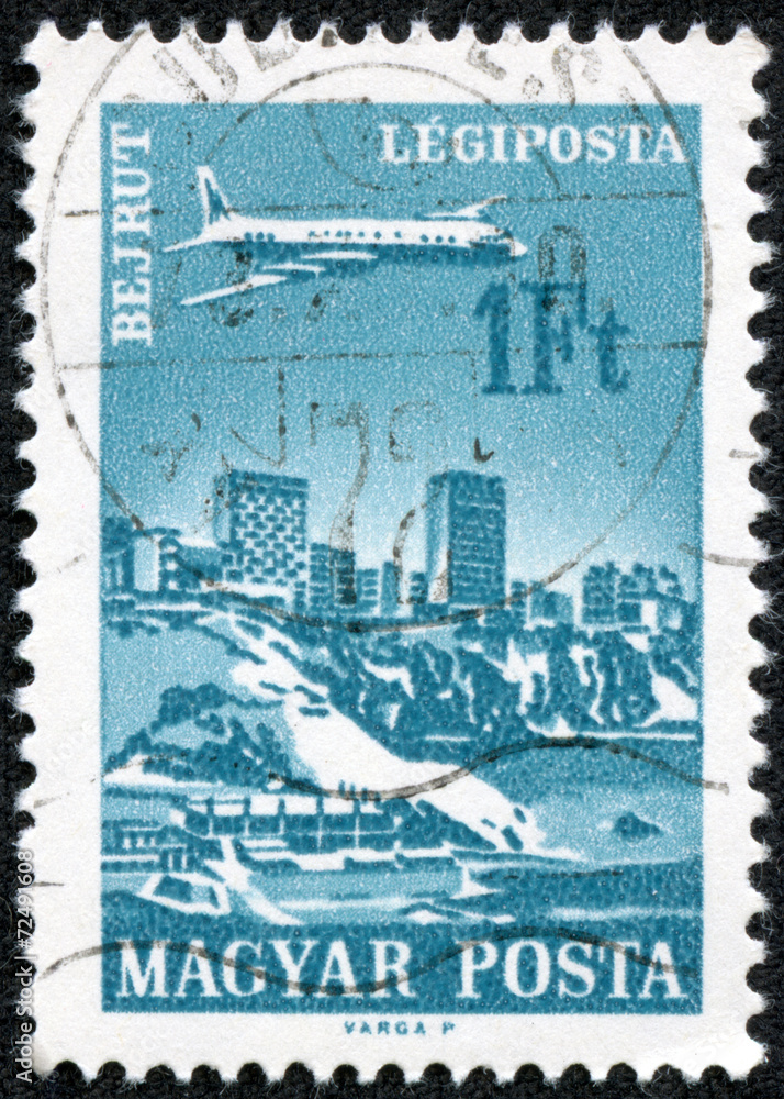 stamp printed in Hungary shows Plane over Beirut