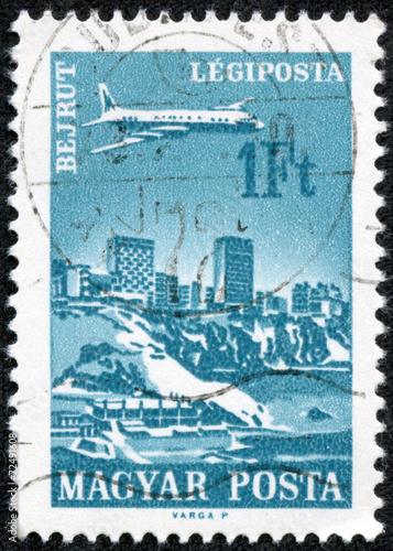 stamp printed in Hungary shows Plane over Beirut