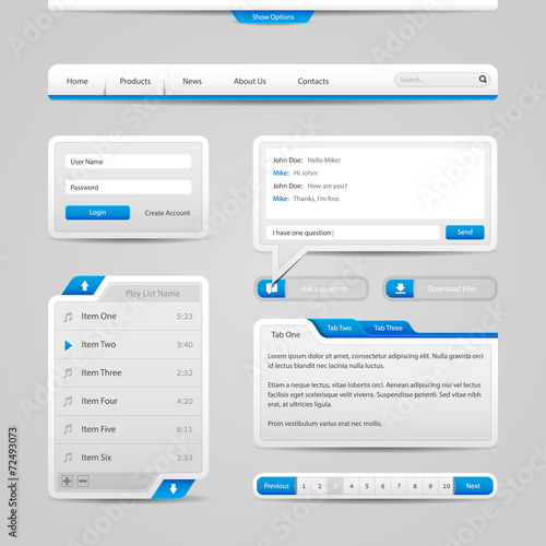 Web UI Controls Elements Gray And Blue On Light Background