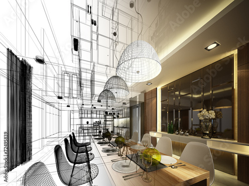 abstract sketch design of interior dining, 3d render