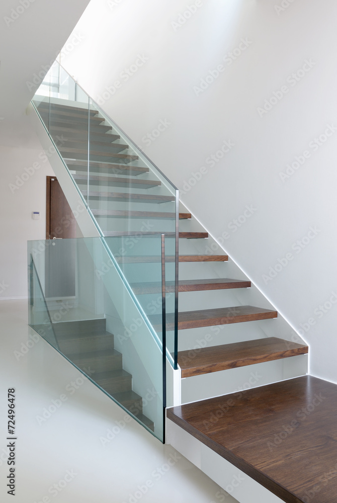 wooden stairs with glass balustrade - obrazy, fototapety, plakaty 