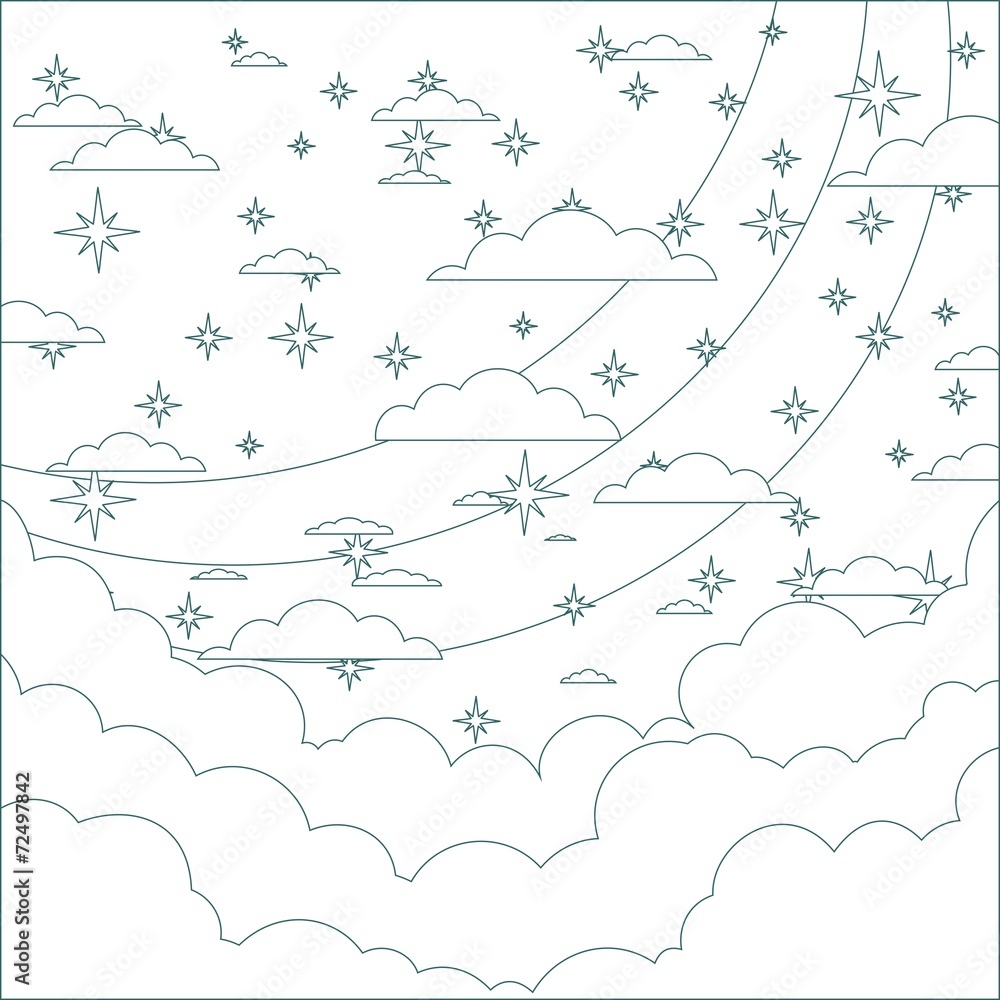 Starry Night with Space for Text in the Clouds. Contour, outline Starry Night with Space for Text in the Clouds. Contour, outline