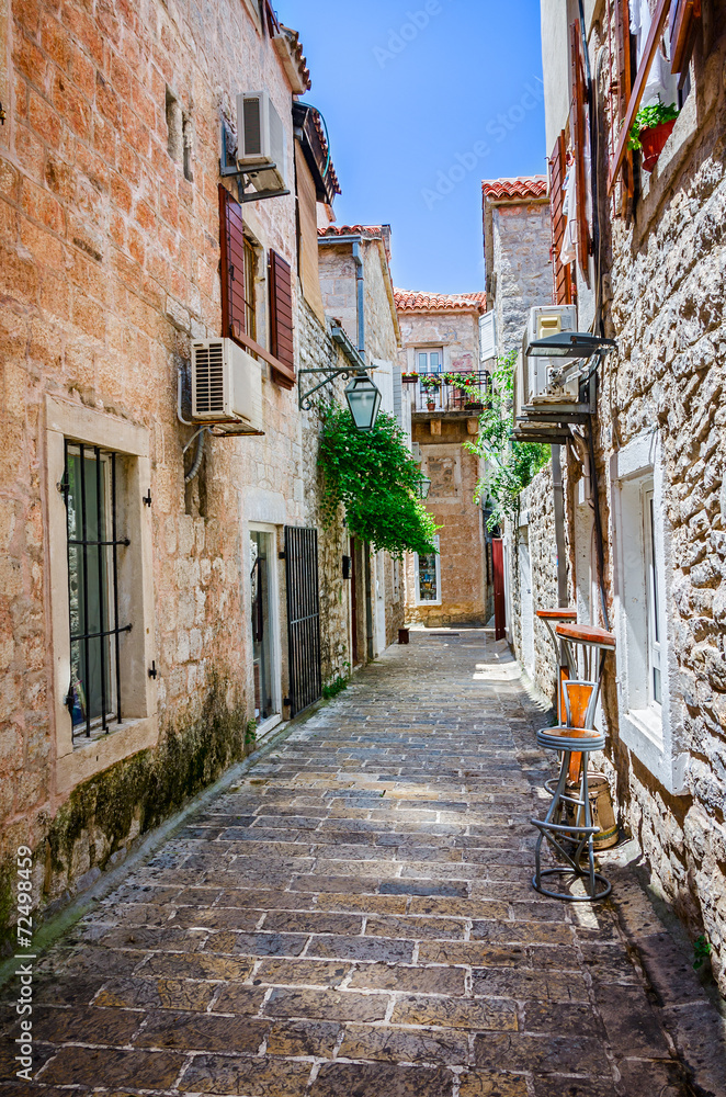 A brick street in old town of Budva