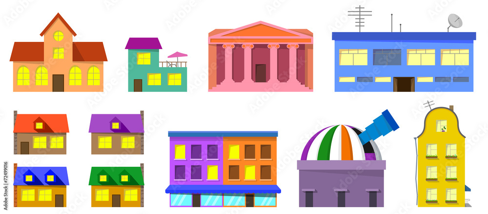 Cute vector town buildings set Cute vector town buildings set