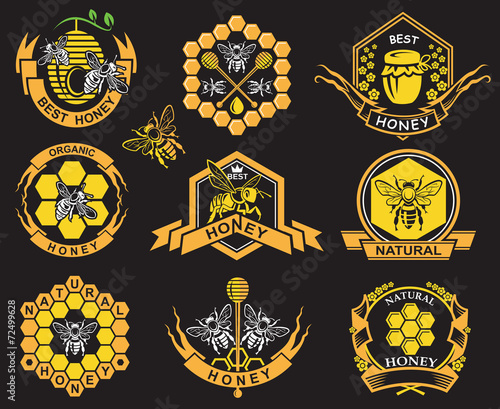 labels with bee and honey on black background