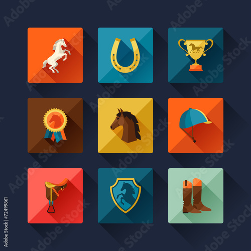 Icon set with horse equipment in flat style.