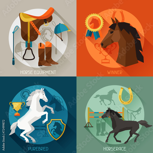 Backgrounds with horse equipment in flat style.