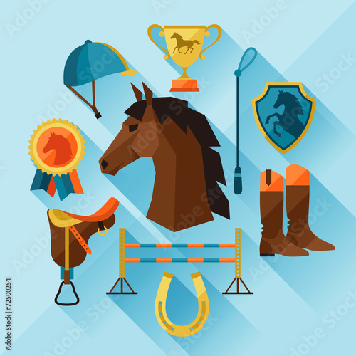 Icon set with horse equipment in flat style.