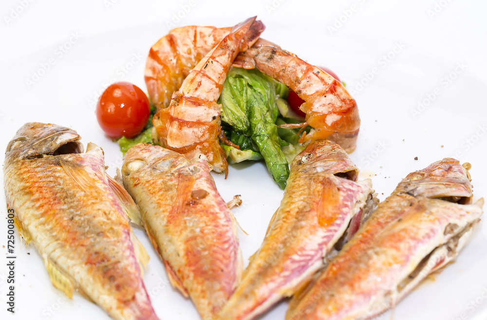 grilled fish with shrimp salad