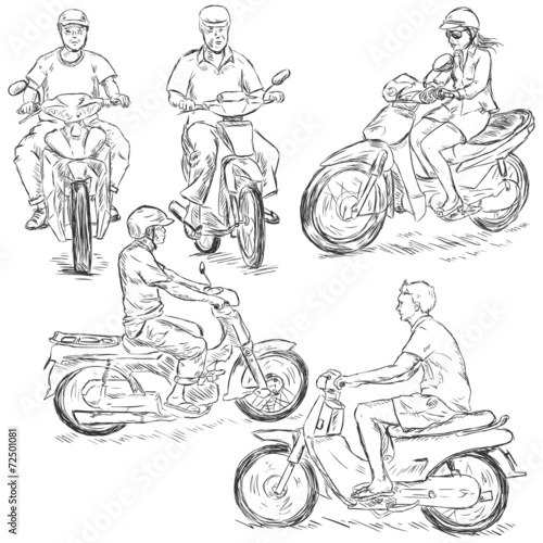 Vector Set of Sketch Riders on Motorbikes