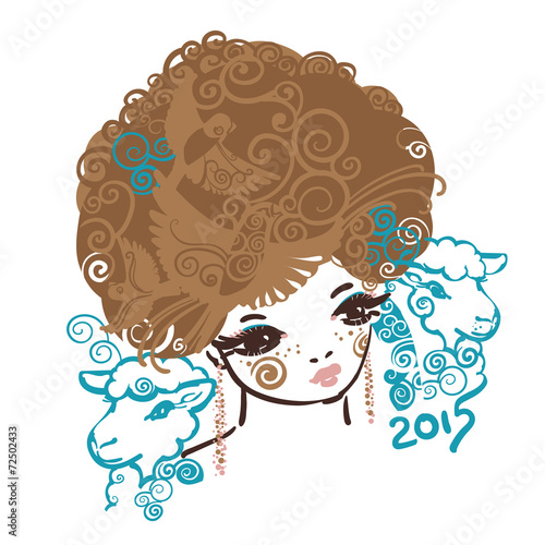 Girl with two sheep. A symbol of Year 2015